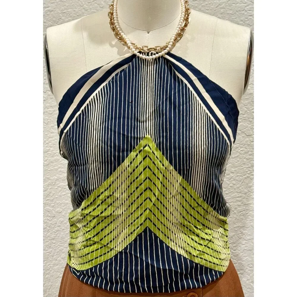 Navy Green Geometric Square Scarf Multi Wear Halter Neck Head Wrap Striped